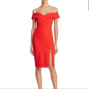 bardot off-shoulder red cocktail dress